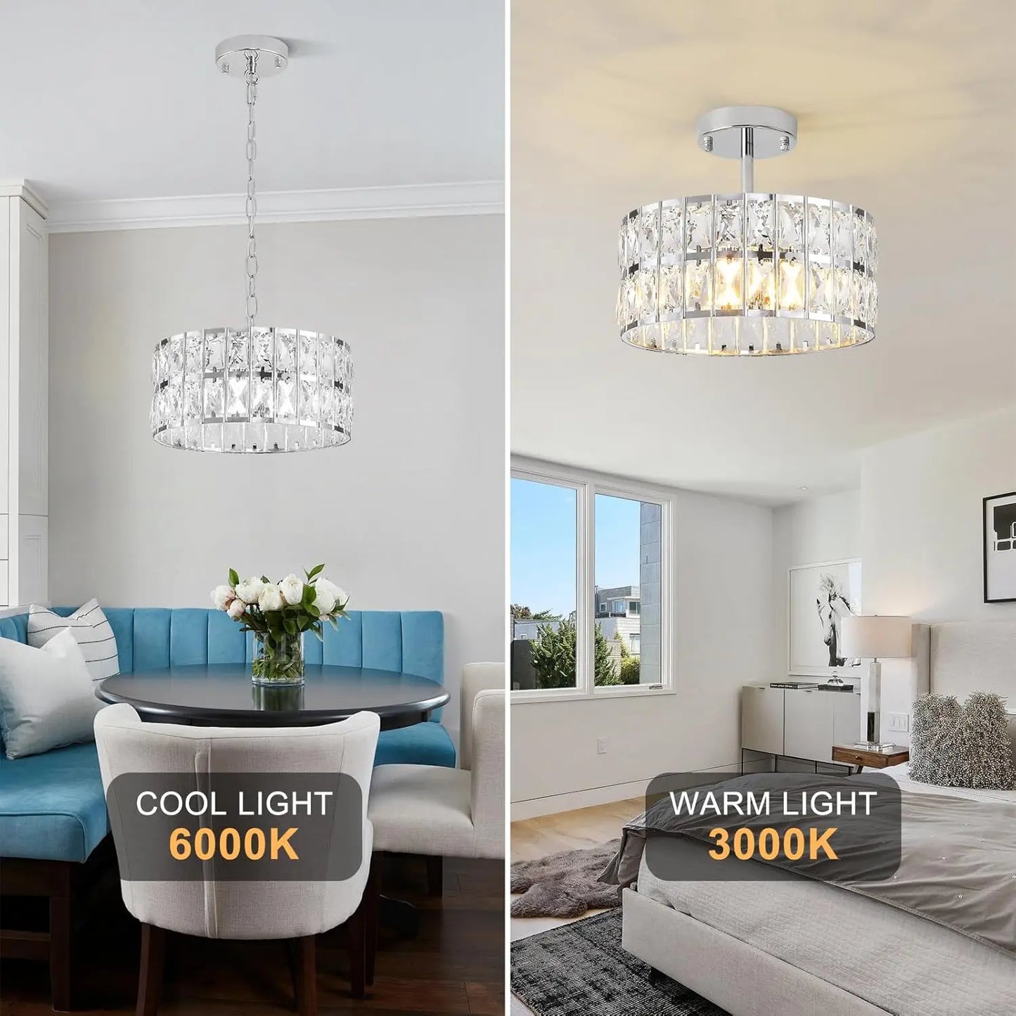 MSSIAN Chrome Crystal ChandeliersModern Semi Flush Mount Ceiling Light Small 4-Ligh Round Crystal Hanging Pendant Light Fixtures