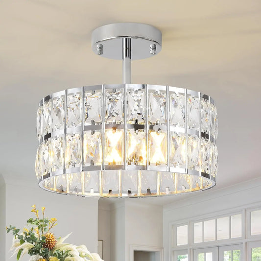 MSSIAN Chrome Crystal ChandeliersModern Semi Flush Mount Ceiling Light Small 4-Ligh Round Crystal Hanging Pendant Light Fixtures