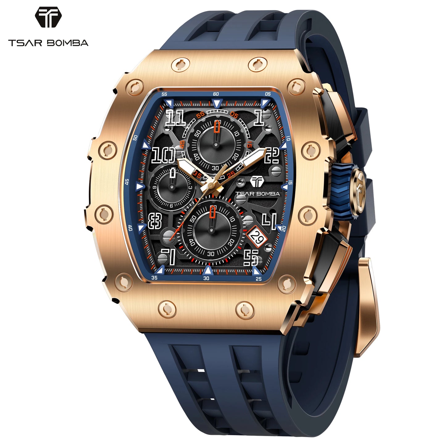 TSAR BOMBA Luxury Tonneau Quartz Watch for Men Japanese Movement, Stainless Steel Case,  Elegant Dress Wristwatch