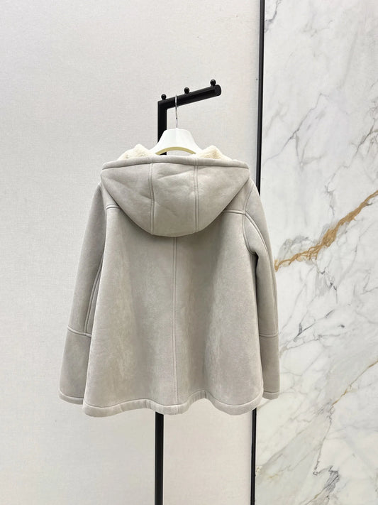 2025 Autumn and Winter High-end Custom Women's Clothing Light Gray Thickened Coat Cape Fur Lined Hooded Cardigan Coat