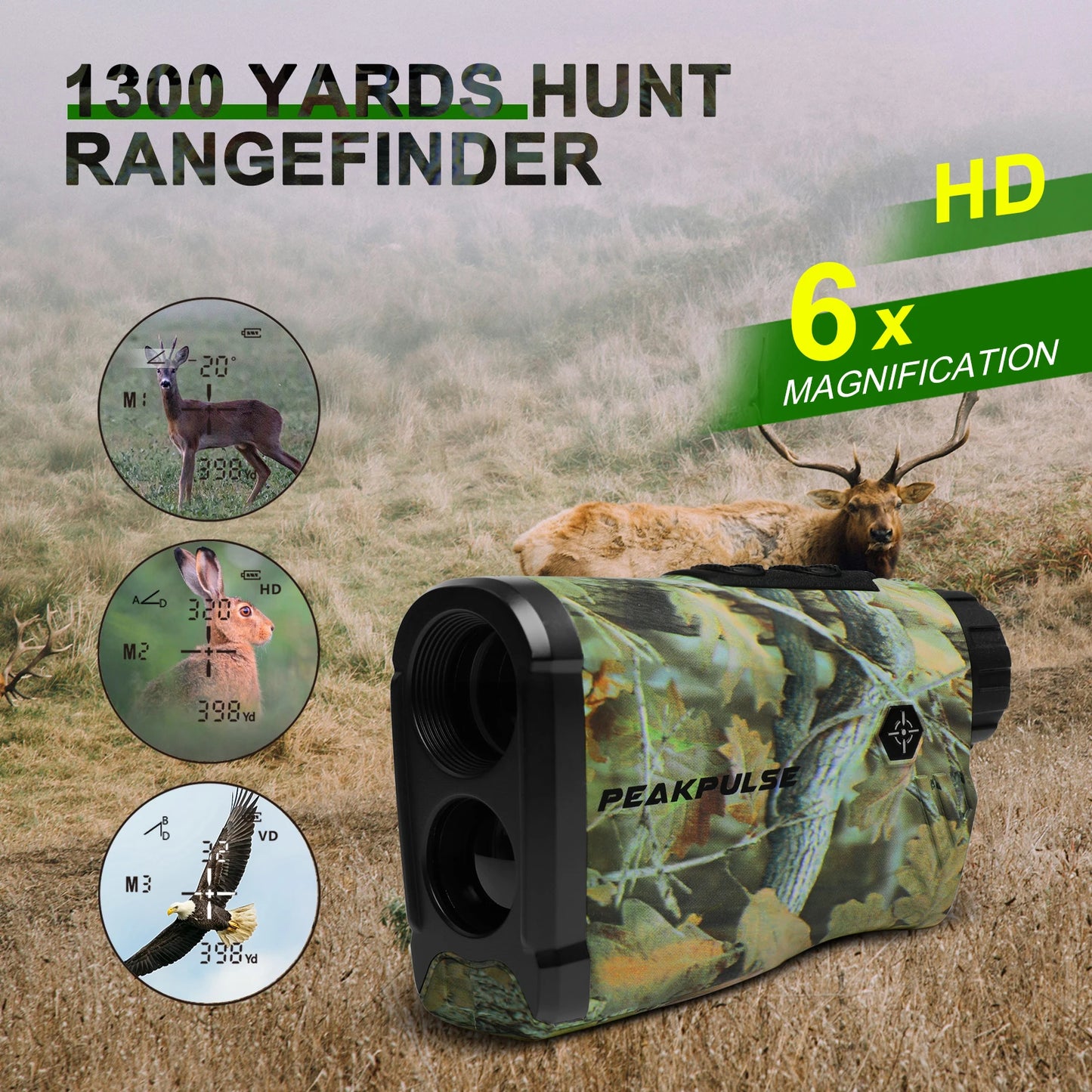 PEAKPULSE 1300 Yards Laser Range Finder for Hunting Waterproof 6X Rangefinder Height Angle Horizontal Distance Meter for Hiking