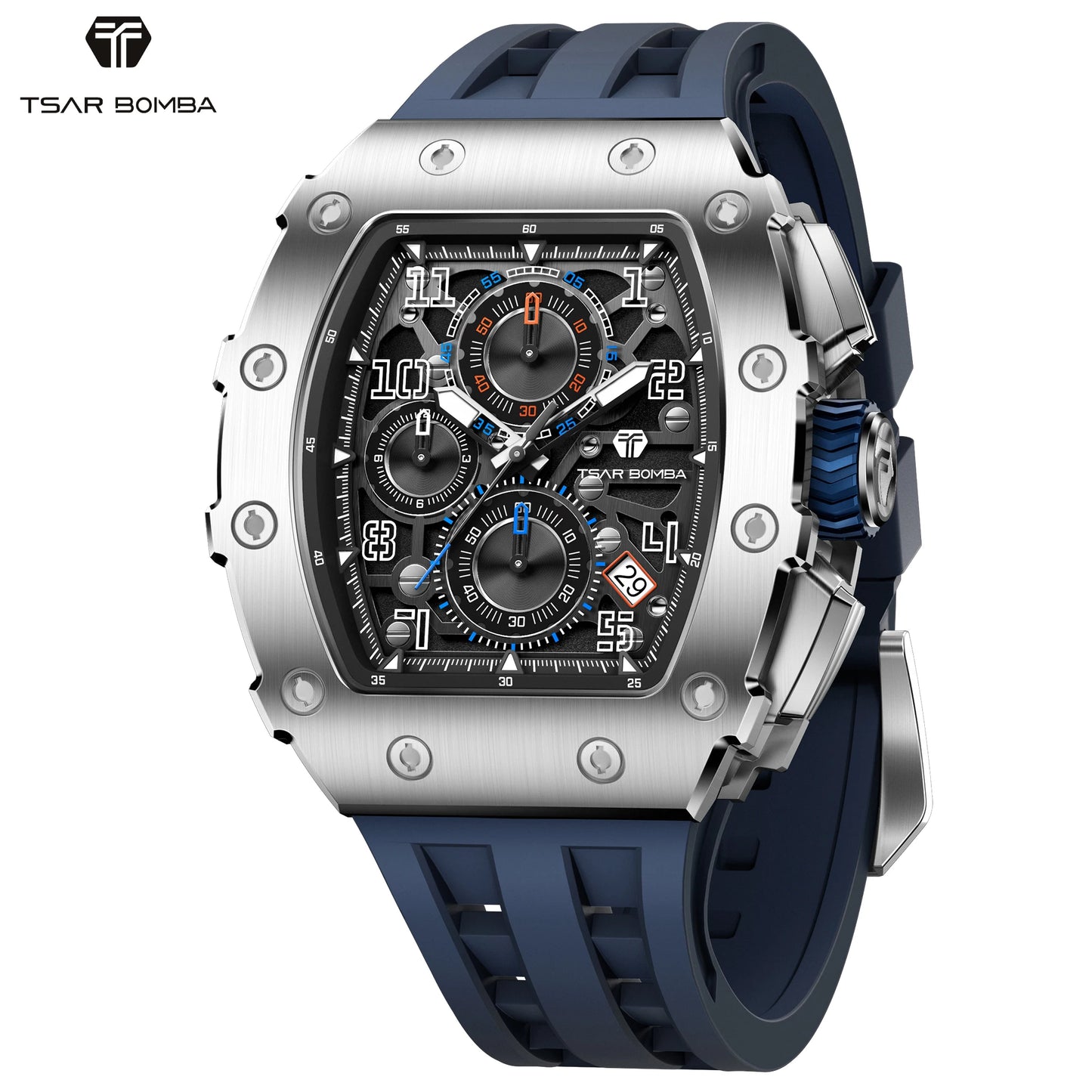 TSAR BOMBA Luxury Tonneau Quartz Watch for Men Japanese Movement, Stainless Steel Case,  Elegant Dress Wristwatch