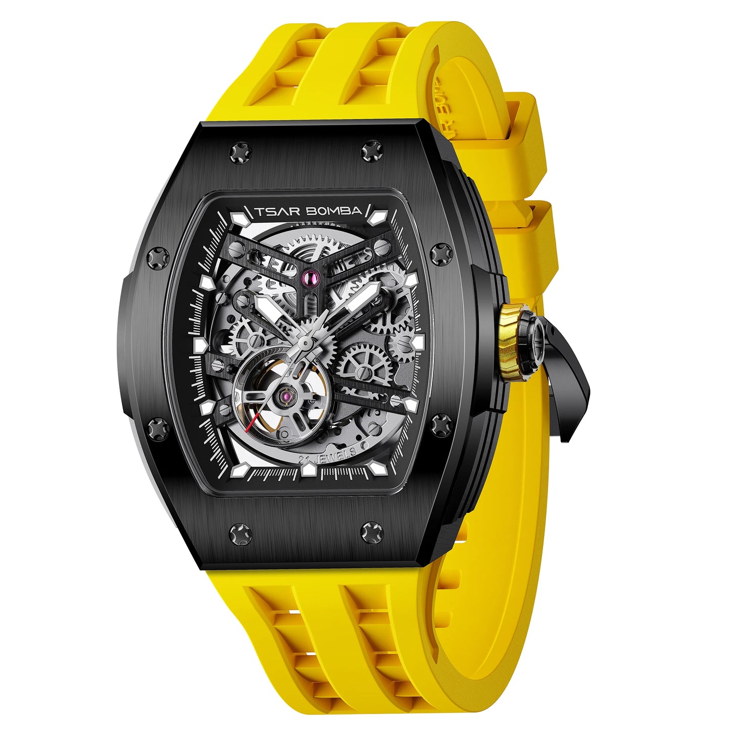 TSAR BOMBA Men Automatic Mechanical Watch Tonneau Shape Skeleton Design Stainless Steel Durable Elegant Business Style Watch