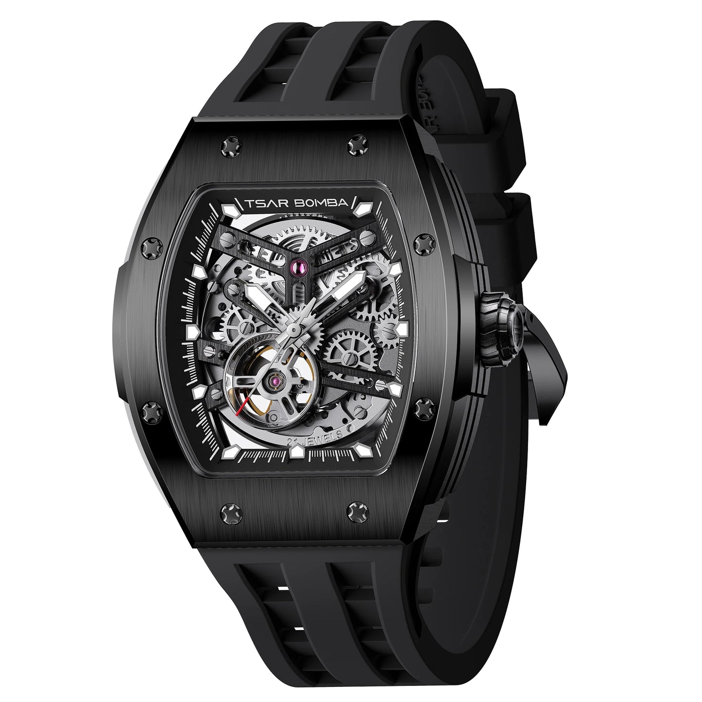TSAR BOMBA Men Automatic Mechanical Watch Tonneau Shape Skeleton Design Stainless Steel Durable Elegant Business Style Watch