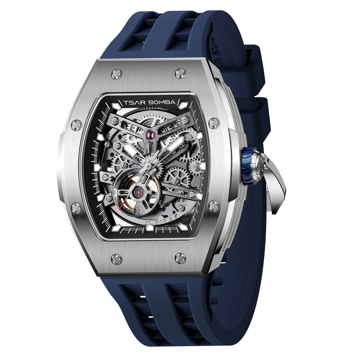TSAR BOMBA Men Automatic Mechanical Watch Tonneau Shape Skeleton Design Stainless Steel Durable Elegant Business Style Watch