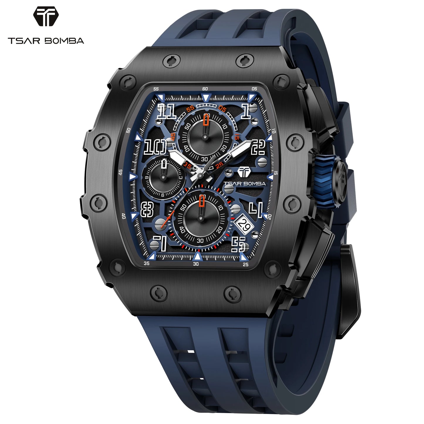 TSAR BOMBA Luxury Tonneau Quartz Watch for Men Japanese Movement, Stainless Steel Case,  Elegant Dress Wristwatch