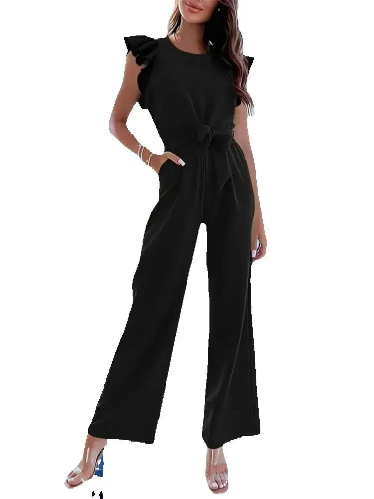 Women's clothing 2025 new woven lotus leaf flying sleeve waist tie jumpsuit women's casual pants spring women