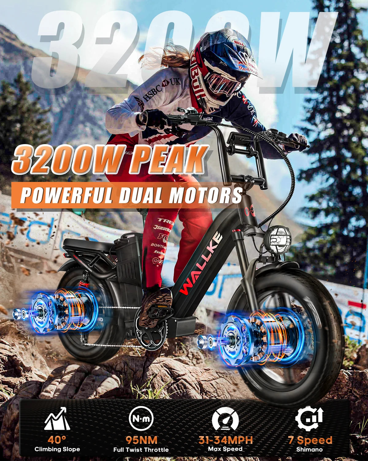 W Wallke H7 AWD 3200W Dual Motor Electric Bike for Adult 48V 60Ah Long Range 31MPH Fast Ebike 20" Fat Tire E-bike UL2849