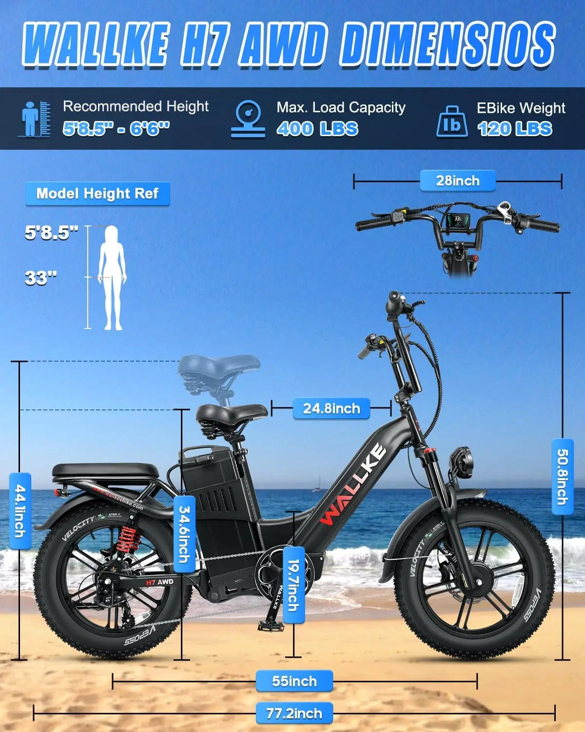 W Wallke H7 AWD 3200W Dual Motor Electric Bike for Adult 48V 60Ah Long Range 31MPH Fast Ebike 20" Fat Tire E-bike UL2849
