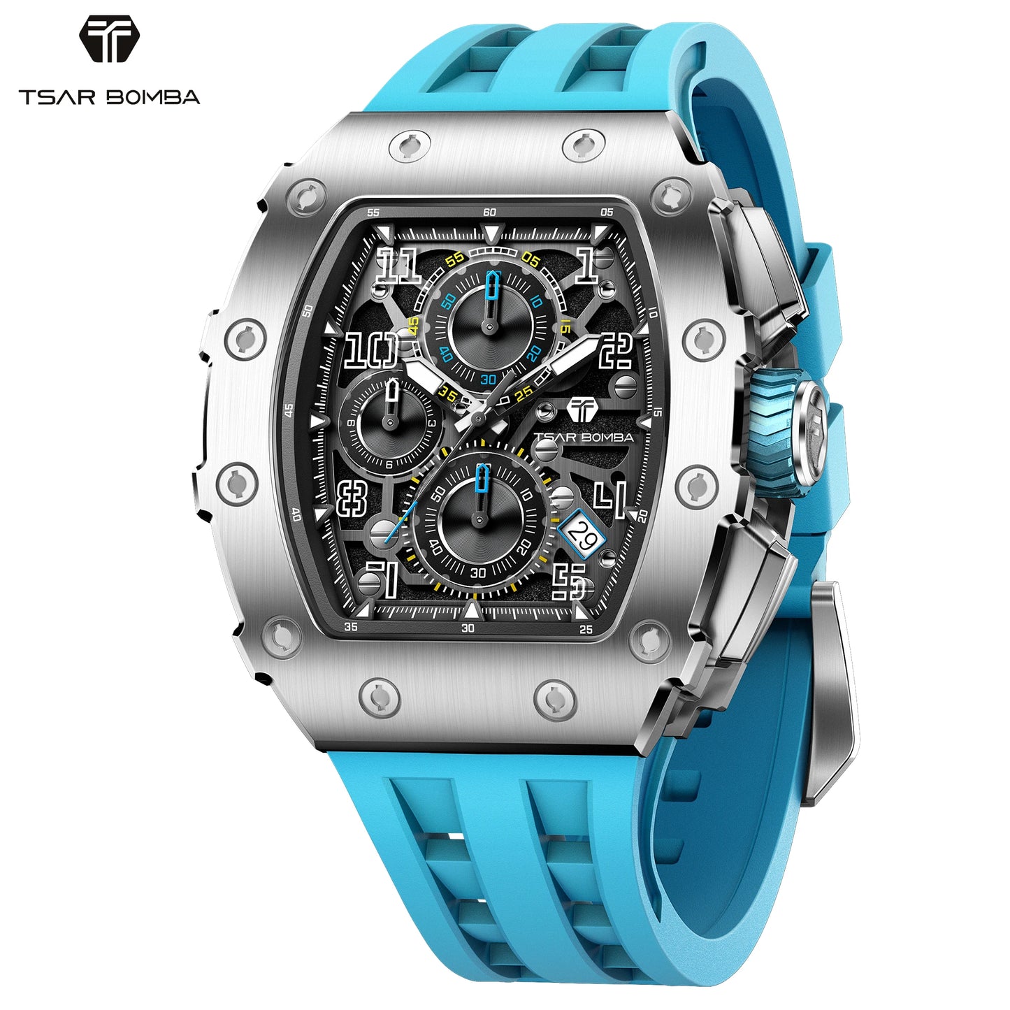 TSAR BOMBA Luxury Tonneau Quartz Watch for Men Japanese Movement, Stainless Steel Case,  Elegant Dress Wristwatch