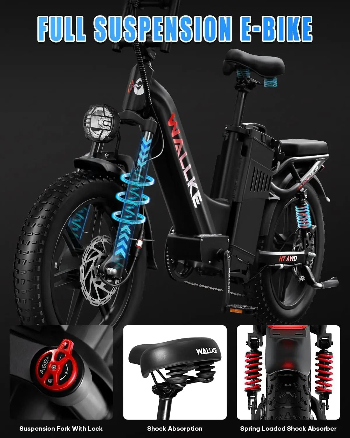 W Wallke H7 AWD 3200W Dual Motor Electric Bike for Adult 48V 60Ah Long Range 31MPH Fast Ebike 20" Fat Tire E-bike UL2849
