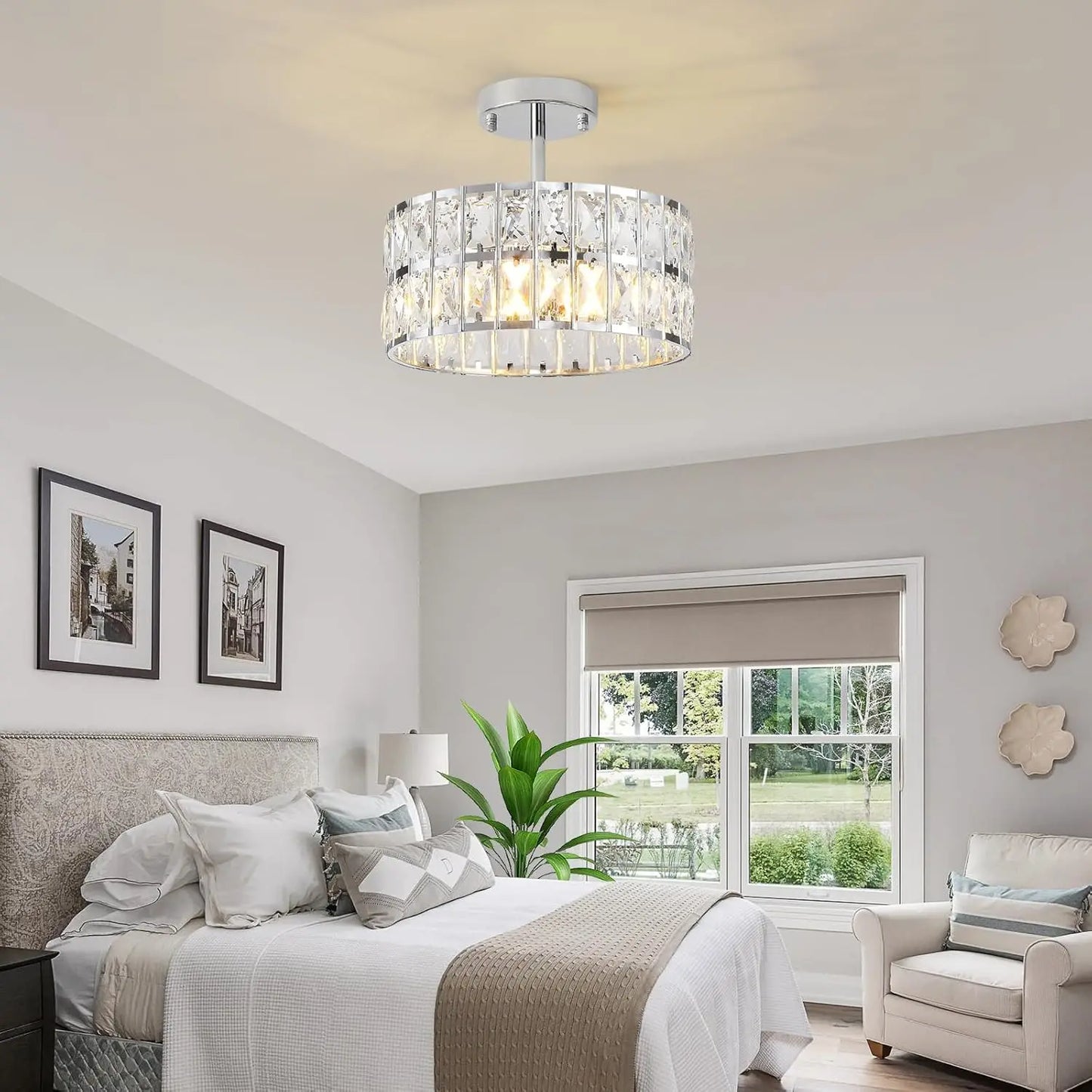 MSSIAN Chrome Crystal ChandeliersModern Semi Flush Mount Ceiling Light Small 4-Ligh Round Crystal Hanging Pendant Light Fixtures