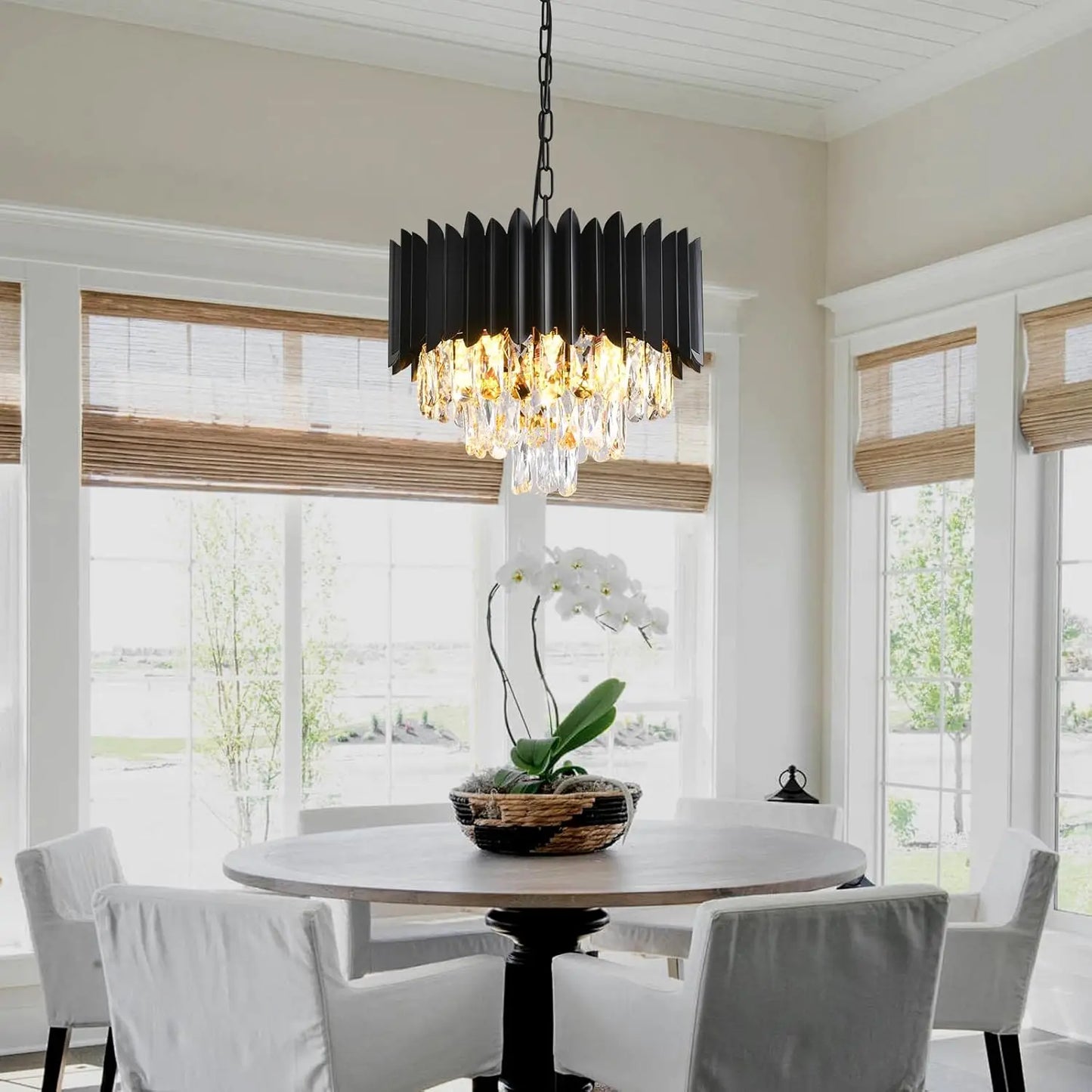 Modern Crystal Chandeliers 3-Tier K9 Round Crystal Chandeliers Light Fixture Small Black Ceiling Light Fixture for Dining Room