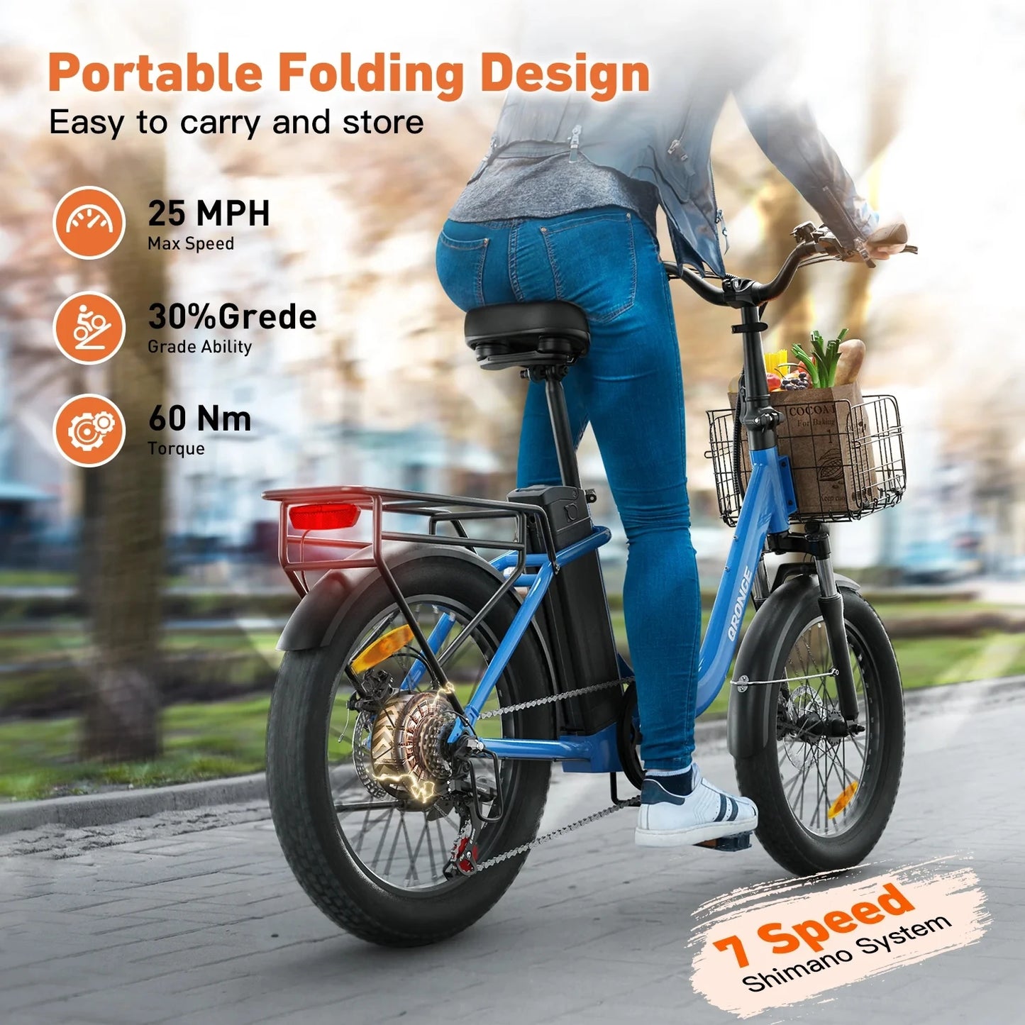 QRONGE Electric Bike 1000W Peak Folding Electric Bike 20" Step-Thru Eletric Bicycle with Front Basket 7 Speed 25 MPH Ebike