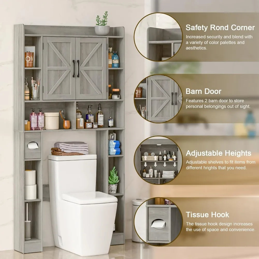 Farmhouse Storage Cabinet Over Toilet with Barn Doors，Over The Toilet Storage Cabinet, Home Space-Saving Toilet Rack