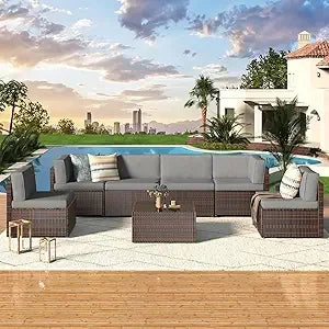 U-MAX 7 Piece Outdoor Patio Furniture Set, PE Rattan Outdoor Wicker Sectional Furniture Chair Set with Cushions and Tea Table, B