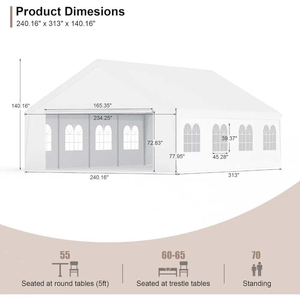 "20ft x 26ft durable carport with roll-up clear panels, reinforced party tent with detachable walls and doors"