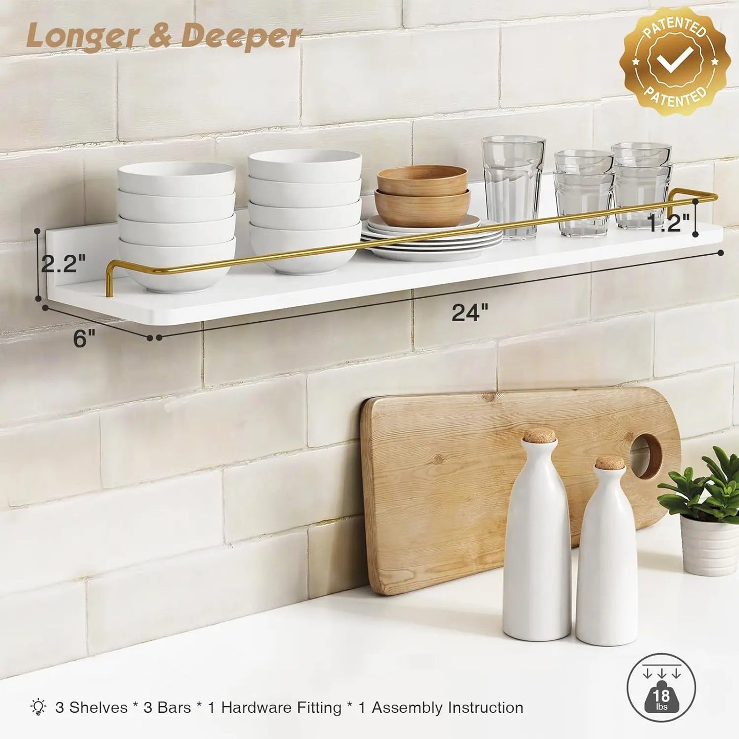 24Inch Gold Floating Shelves Set of 3, Modern Bathroom Wall Shelves Over Toilet Storage with Mounting Rail