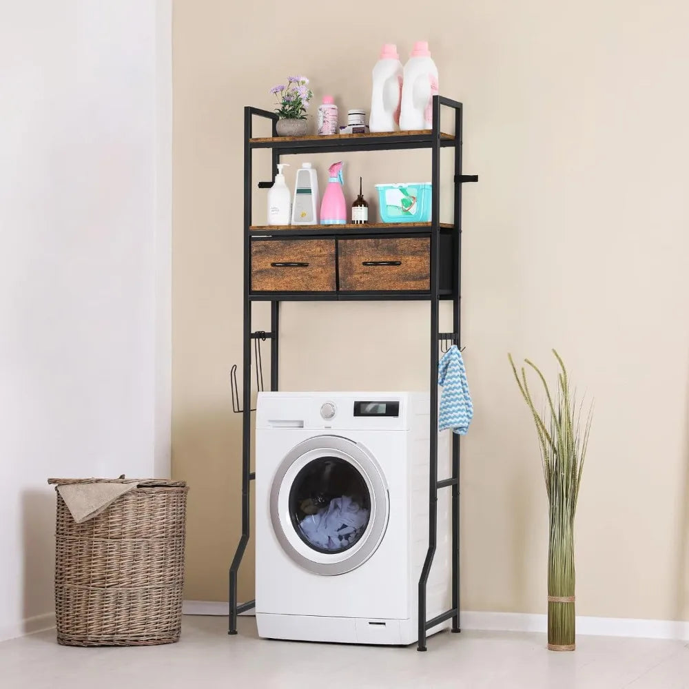 Over The Toilet Bathroom Storage Cabinet with Fabric Drawer, Tall Freestanding Shelf Organizer and Toilet Paper Holder in Brown