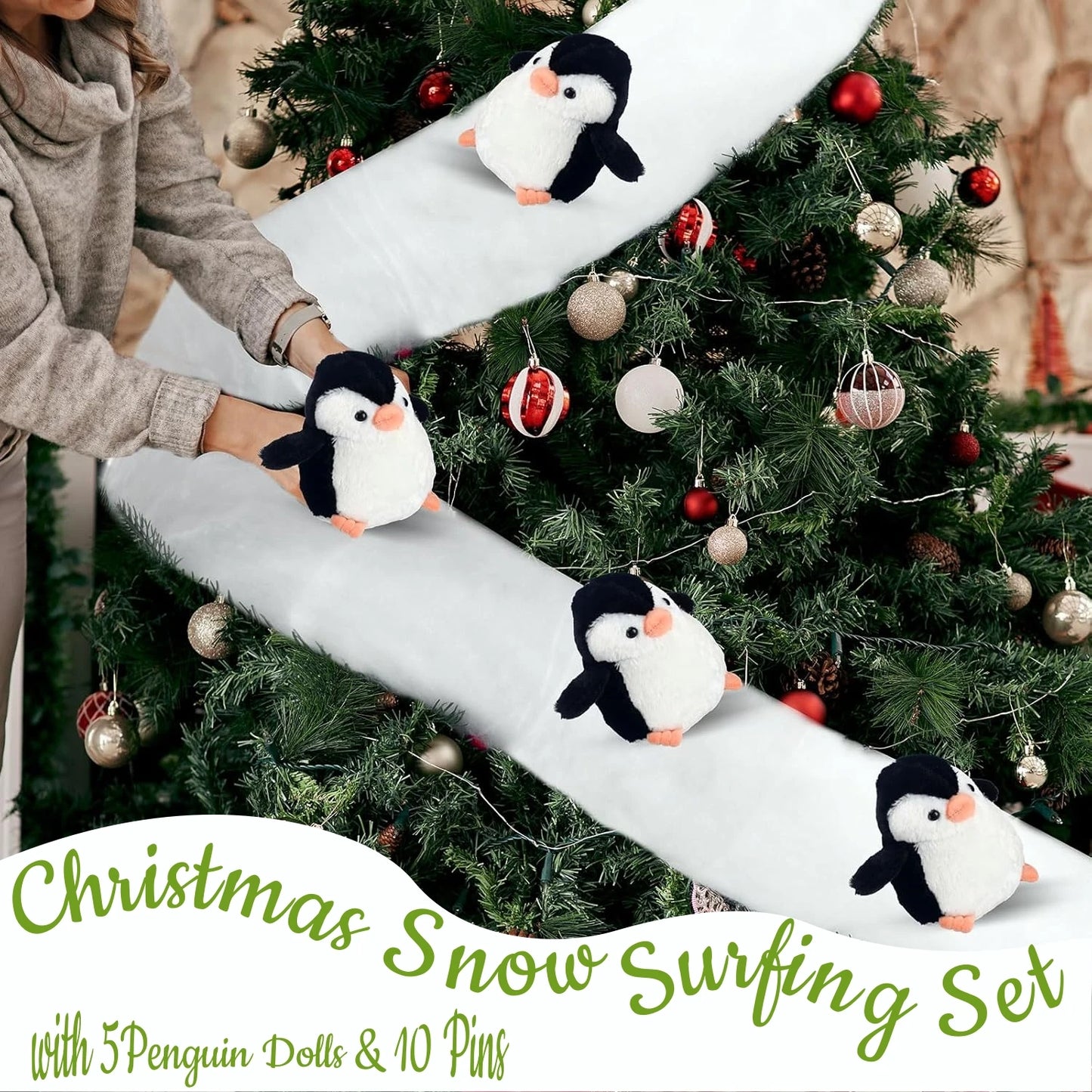 1set Christmas Stair Decoration Fake Snow Cotton Carpet with Sliding Penguins DIY Staircase Decors for Indoor Xmas Tree Banister