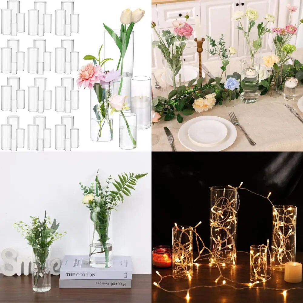 Set of 48 Transparent Glass Cylinder Vases Assorted Heights for Wedding Centerpieces, Decorative Flower Vases, Candle Holders