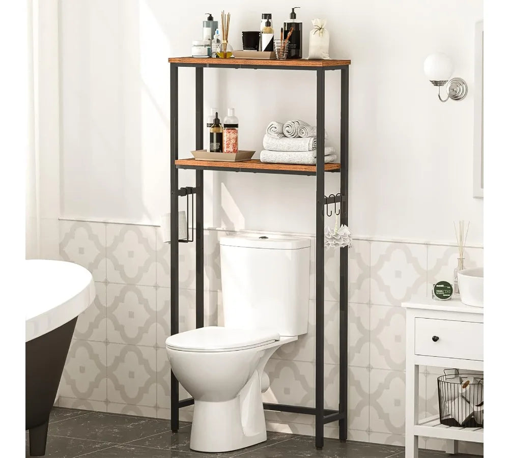 2-Tier Over Toilet Storage Shelf with Paper Holder & Hooks, Rustic Brown Bathroom Organizer Space Saver for Small Rooms