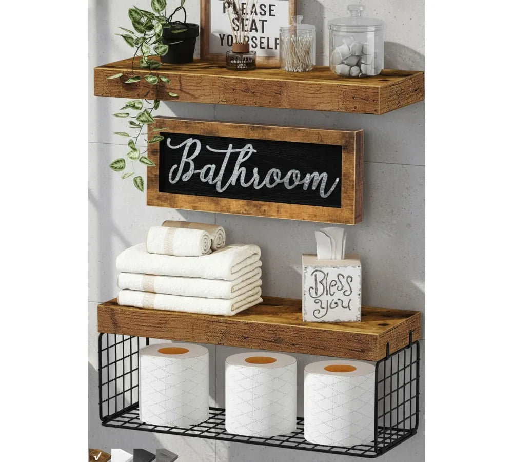 Farmhouse Bathroom Shelves Over Toilet - Floating Shelf Set with Basket & Decor Sign, Rustic Brown