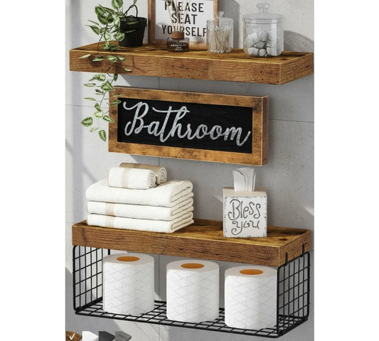 Farmhouse Bathroom Shelves Over Toilet - Floating Shelf Set with Basket & Decor Sign, Rustic Brown