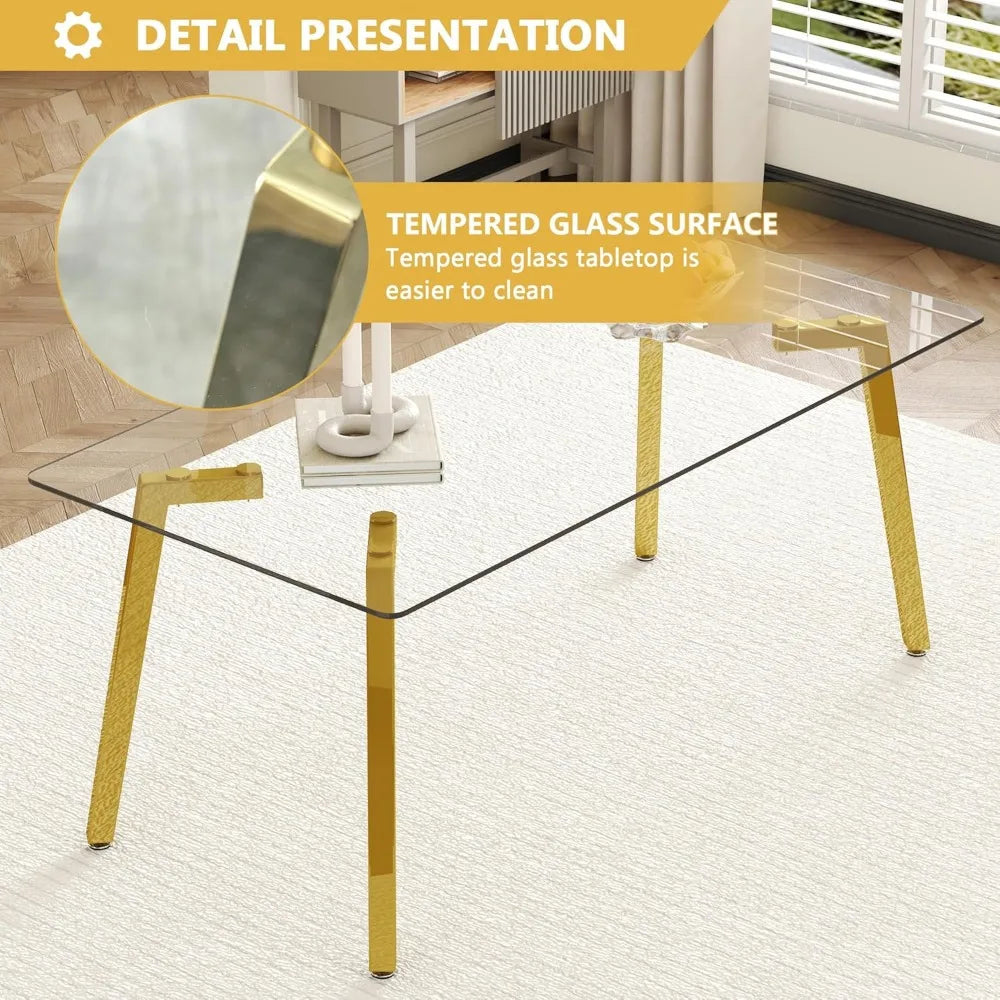 Modern Dining Table Set for 6,Glass Kitchen Table and Chairs,71''Gold Dining Room Table &Generous Legroom with 6 White