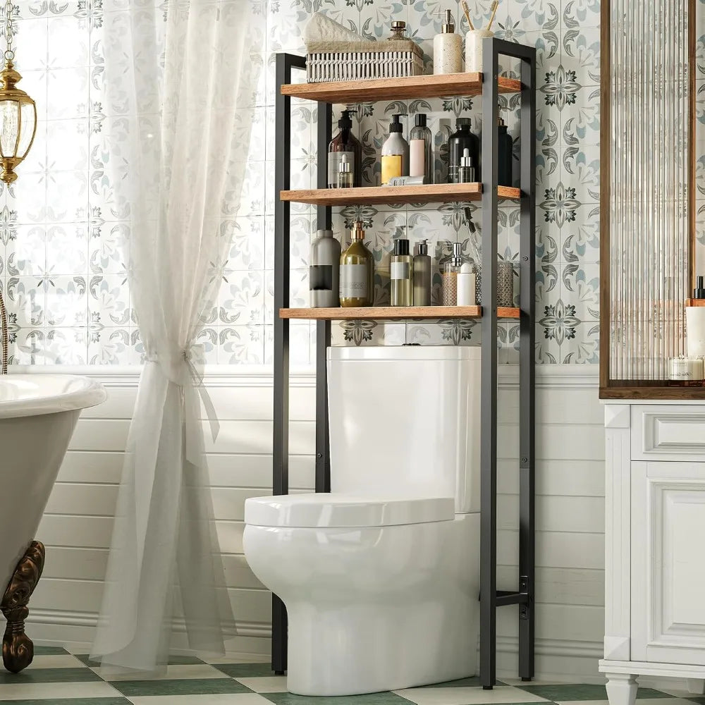 3-Tier Over Toilet Storage Shelf, Freestanding Bathroom Organizer with Rustic Brown Finish, Space Saver for Small Rooms