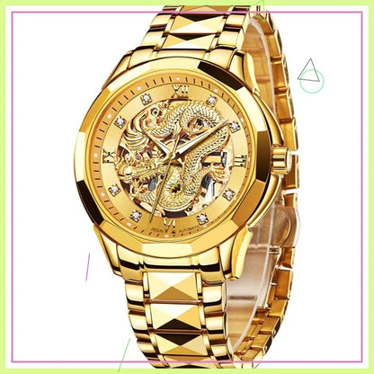 Automatic Mechanical Hollow Dragon Watch Men's Luxury Gold Diamond 50M Waterproof Luminous