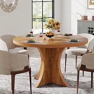 Round Dining Table for 4-6, 47.24-Inch Farmhouse Kitchen Table, Wood Dining Table with Pedestal Base, Small Dinner Table for Di