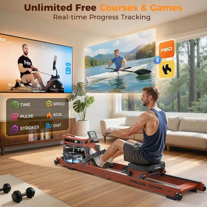 Foldable Water Rowing Machine for Home Gym Fitness Training with 400LBS Weight Capacity Integrated Monitor and Bluetooth APP Co