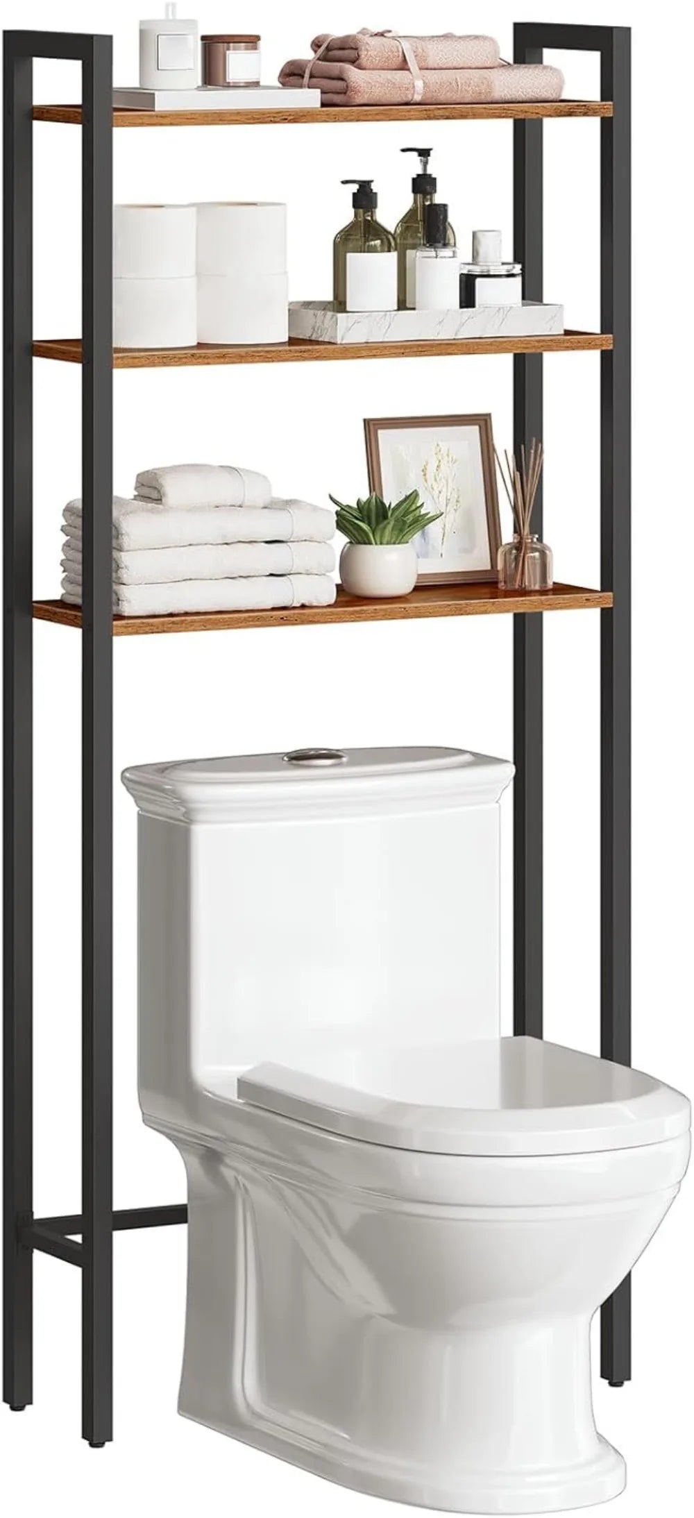 3-Tier Over Toilet Storage Shelf, Freestanding Bathroom Organizer with Rustic Brown Finish, Space Saver for Small Rooms