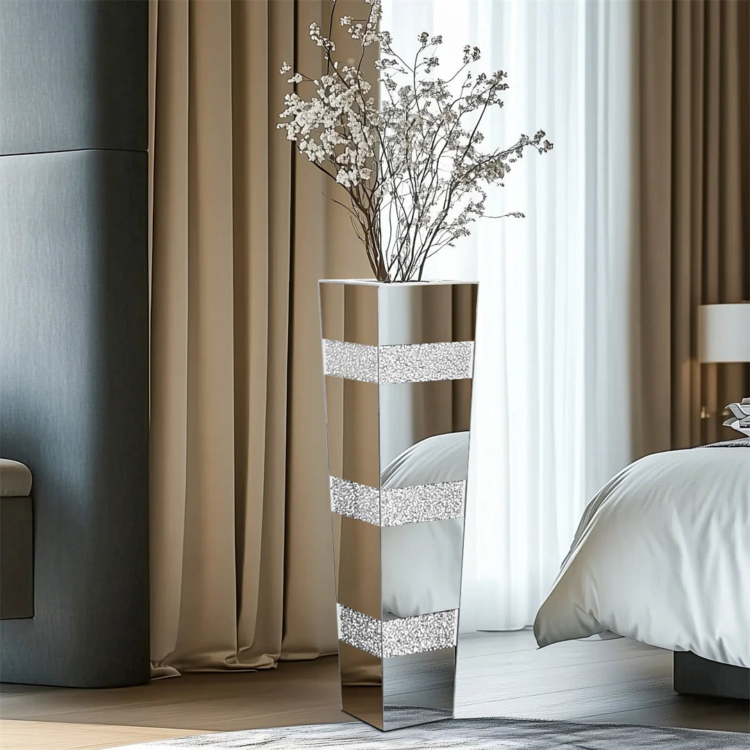 28” Tall Decorative Crystal Silver Floor Flower Vase Standing Mirrored Flower Vase Floral Arrangement Vase