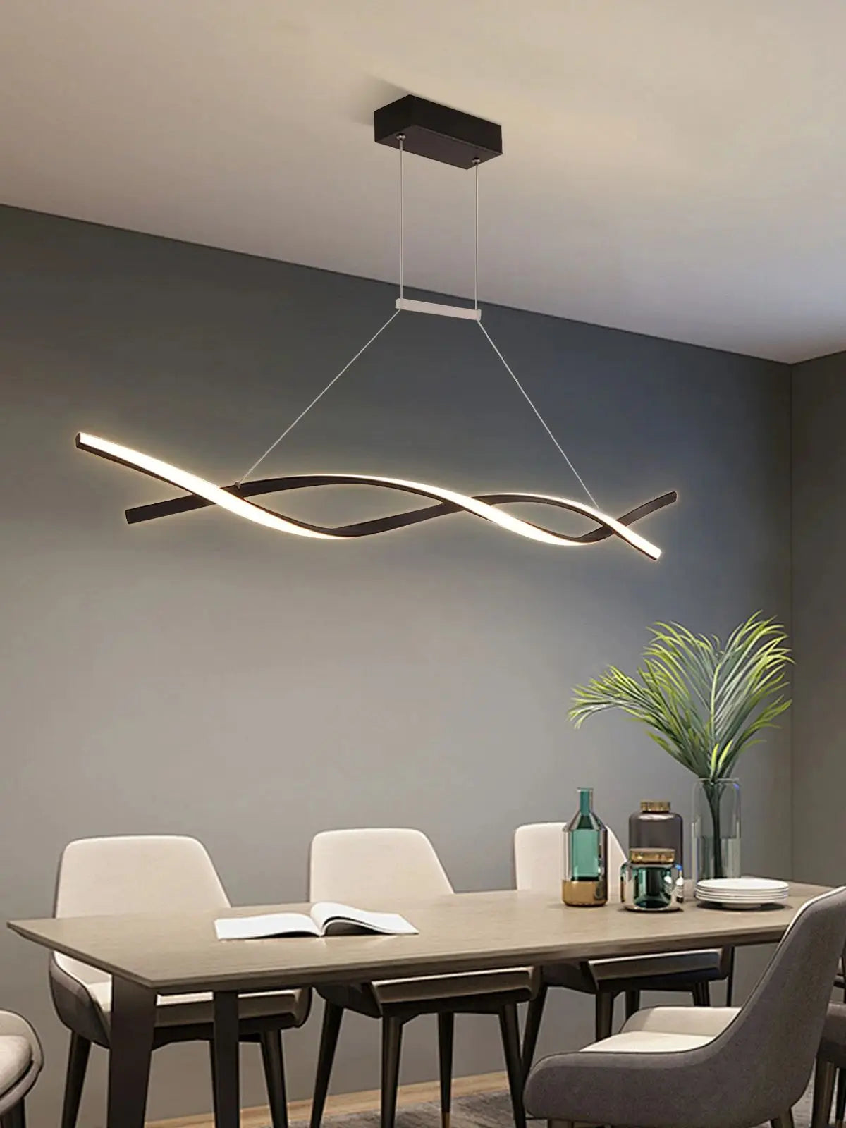 Modern Pendant Light with Remote Control, Black Curved Lines Pendant Light Three Lighting Modes, Pendant Light for Bedrooms