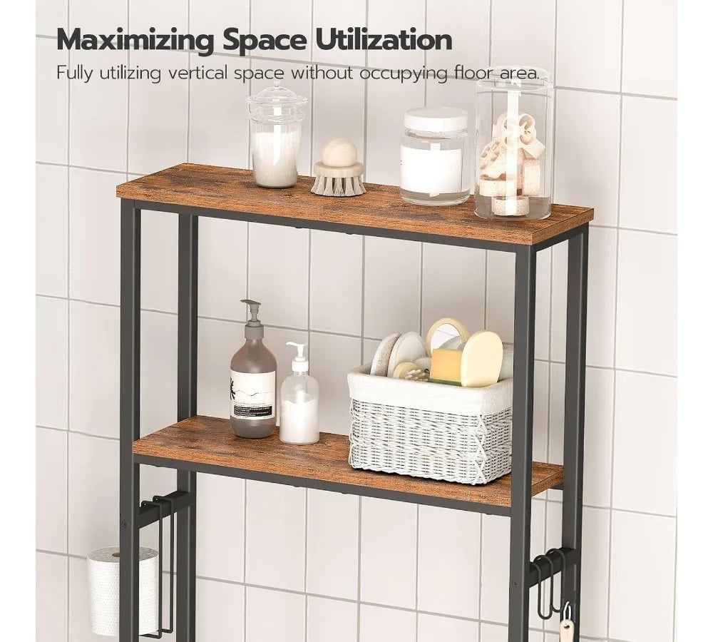 2-Tier Over Toilet Storage Shelf with Paper Holder & Hooks, Rustic Brown Bathroom Organizer Space Saver for Small Rooms