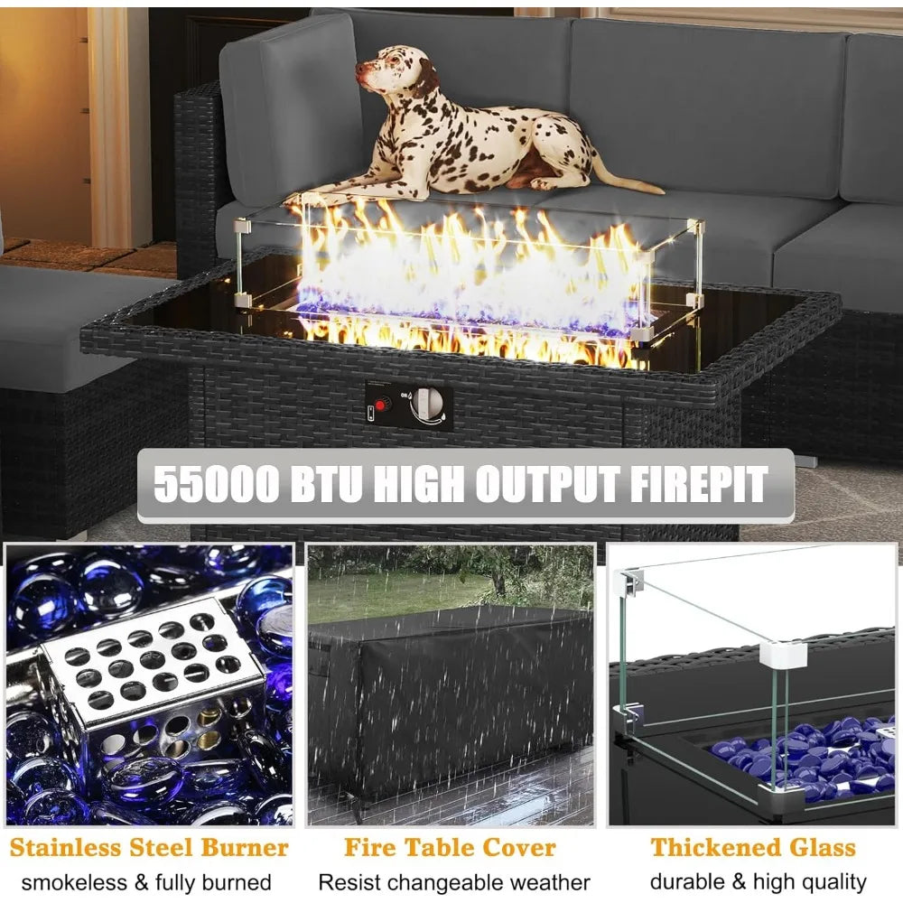 13 Pieces Outdoor Patio Furniture Set with 44" Fire Pit Table Rattan Sectional Sofa Conversation Sets