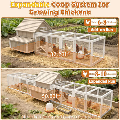 Extra Large Chicken Coop with 2 Runs for 8–10 Chickens Outdoor Wooden Hen House Poultry Cage with 6 Nesting Boxes, Dual Ramp Doo