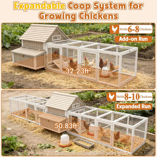 Extra Large Chicken Coop with 2 Runs for 8–10 Chickens Outdoor Wooden Hen House Poultry Cage with 6 Nesting Boxes, Dual Ramp Doo