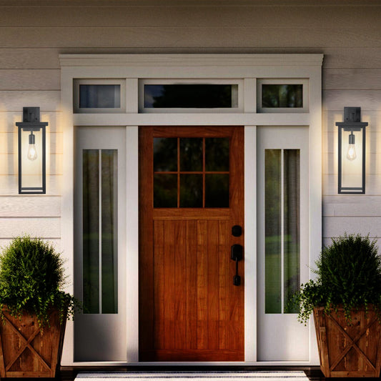 20"(H) Set of 2 Modern Outdoor Wall Sconces Black Frame Clear Glass Weatherproof Porch/Garage E26 No Bulbs