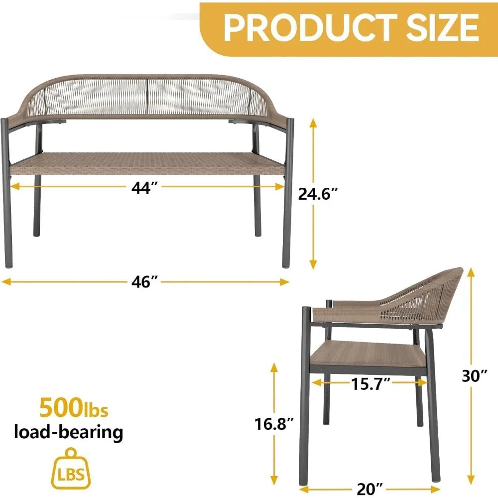 Outdoor Loveseat Bench,46.8 Inches Wicker Frame Patio Bench, All Weather Outdoor Bench with Rattan Backrest Armrests