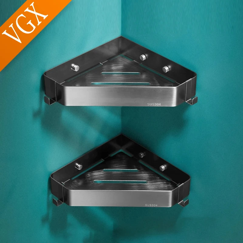 VGX Bathroom Shelf Shower Trangle Shelfes Corner Storage Rack Wall Mounted Shelves Stainless Steel Basket Kitchen Accessories