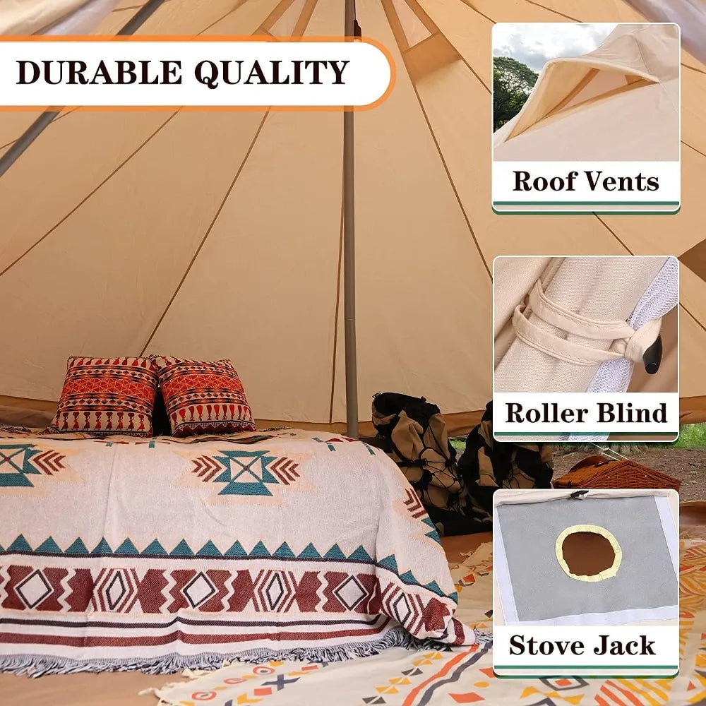 Canvas Bell Tent Yurt with Stove Jack, 4 Season Waterproof Camping Tent 4/6 Person Luxury Outdoor Glamping Tent for Camping