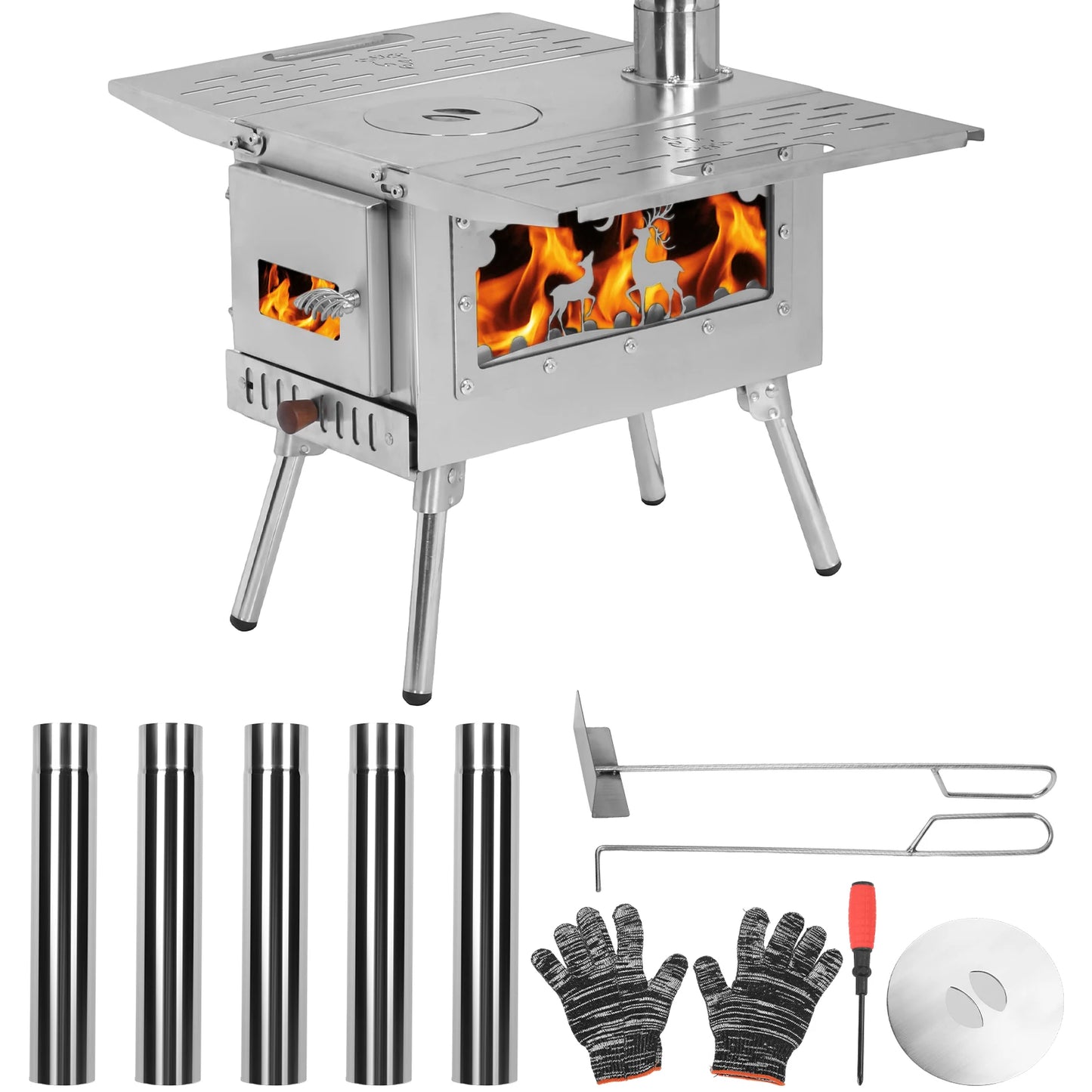 Pellet Stove Stainless Steel Portable Wood Burning Stove with Chimney Pipe Pellet Burner for Outdoor Cooking Hiking