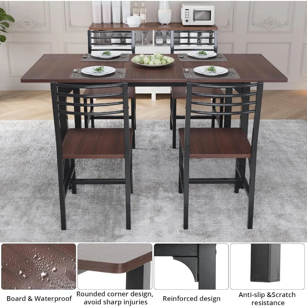 63” Extendable Dining Table Set for 4-6 People, 5-Piece Dining Table Set for 4 People with 4 Chairs, Kitchen Table Set with MDF