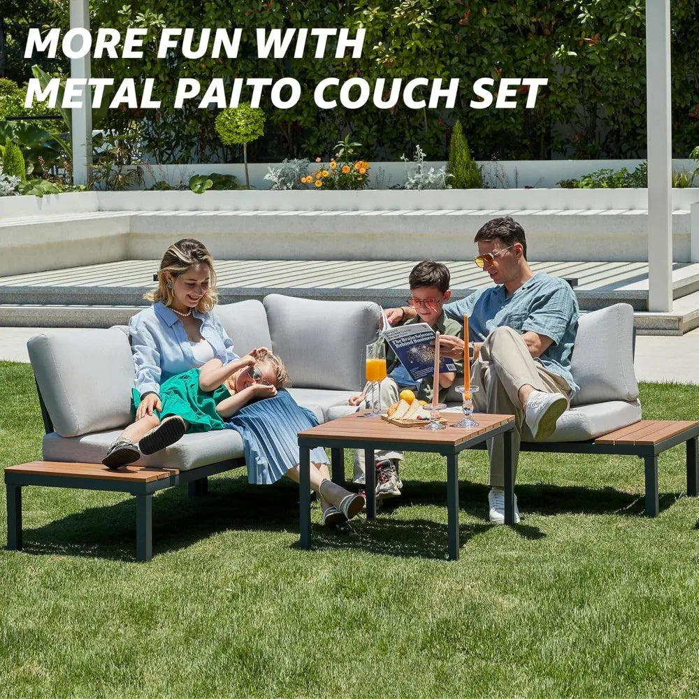 Patio Furniture Sets, L Shape Patio Sectional Metal Outdoor Sectional Corner Sofa Outdoor Couch with Detachable  Backrest