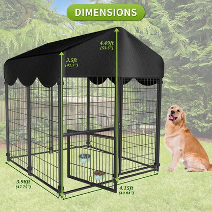 Outdoor Dog Kennel with Roof, 4x4.2x4.5FT Large Enclosure, Adjustable Feeder Door for Yard Playpen