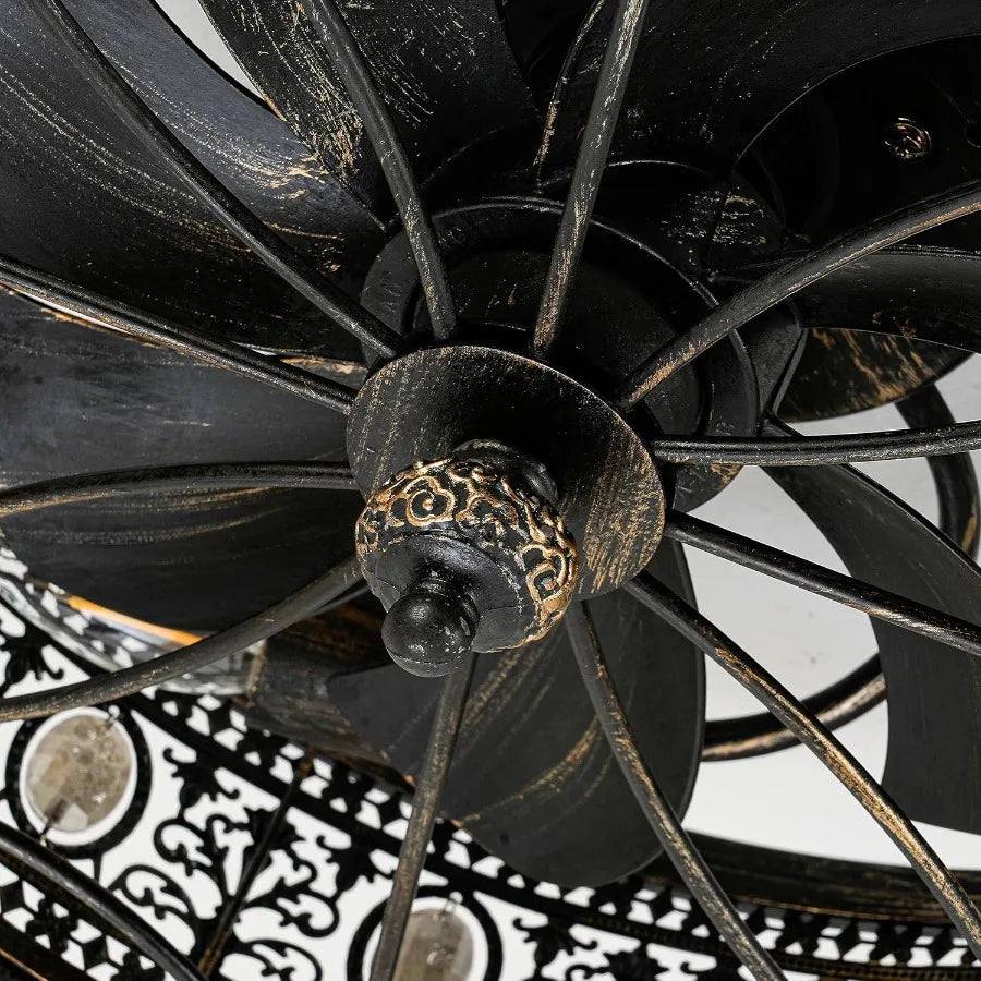 Caged Ceiling Fans with Lights Vintage Victorian Rustic Crystal Fandelier Low Profile Flush Mount Small Enclosed Bladeless Ceil