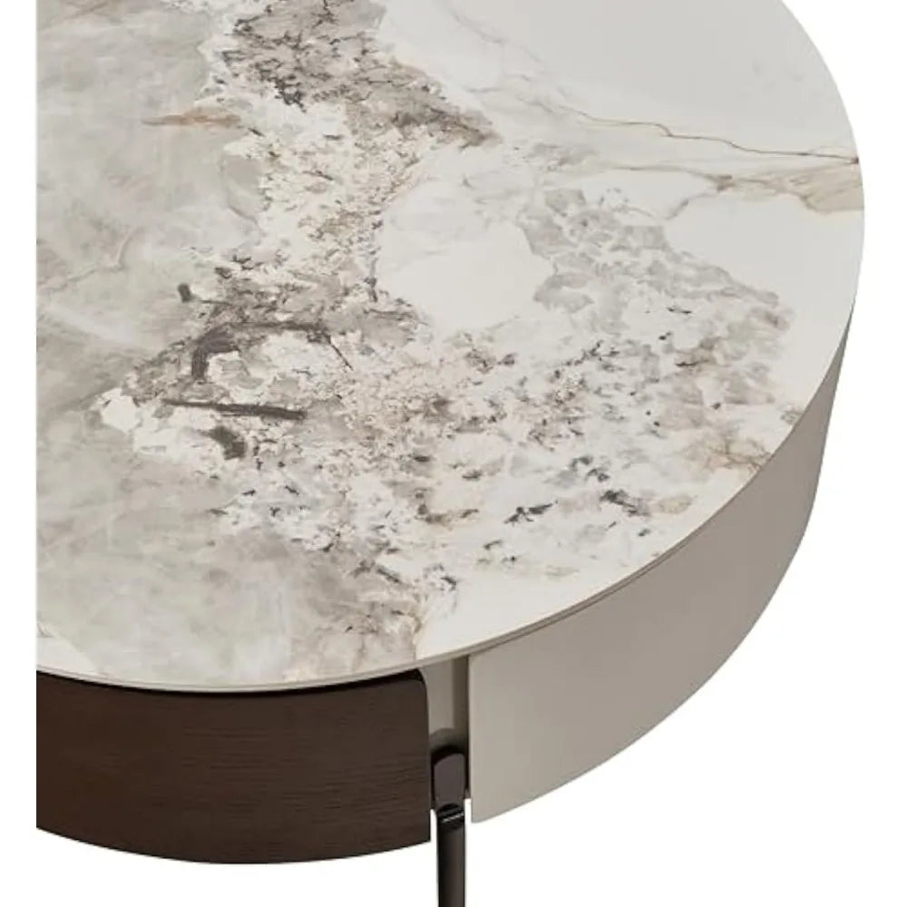 31.5 Inch Round Marble Coffee Table with Walnut Brown Drawers & White Sintered Stone Top, Modern Living Room Center Table Black